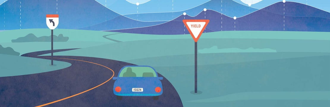 Illustration of a car on a two-lane road with a yield sign off to its right and mountains ahead