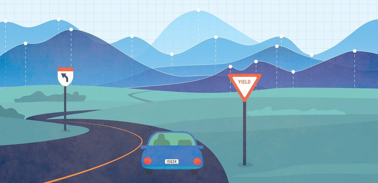 Illustration of a car on a two-lane road with a yield sign off to its right and mountains ahead