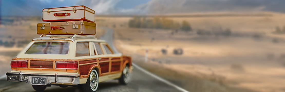 Station wagon parked sideways on a highway road, with mountains in the distance