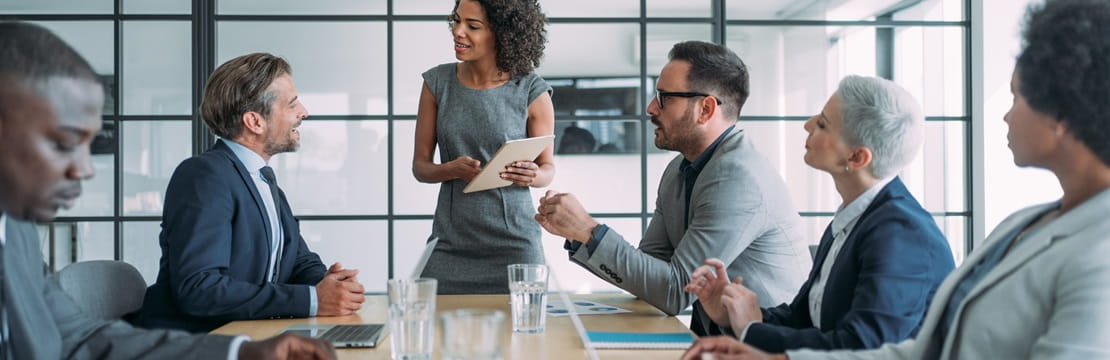 Female leader standing and speaking to a group of professionals sitting at a conference table